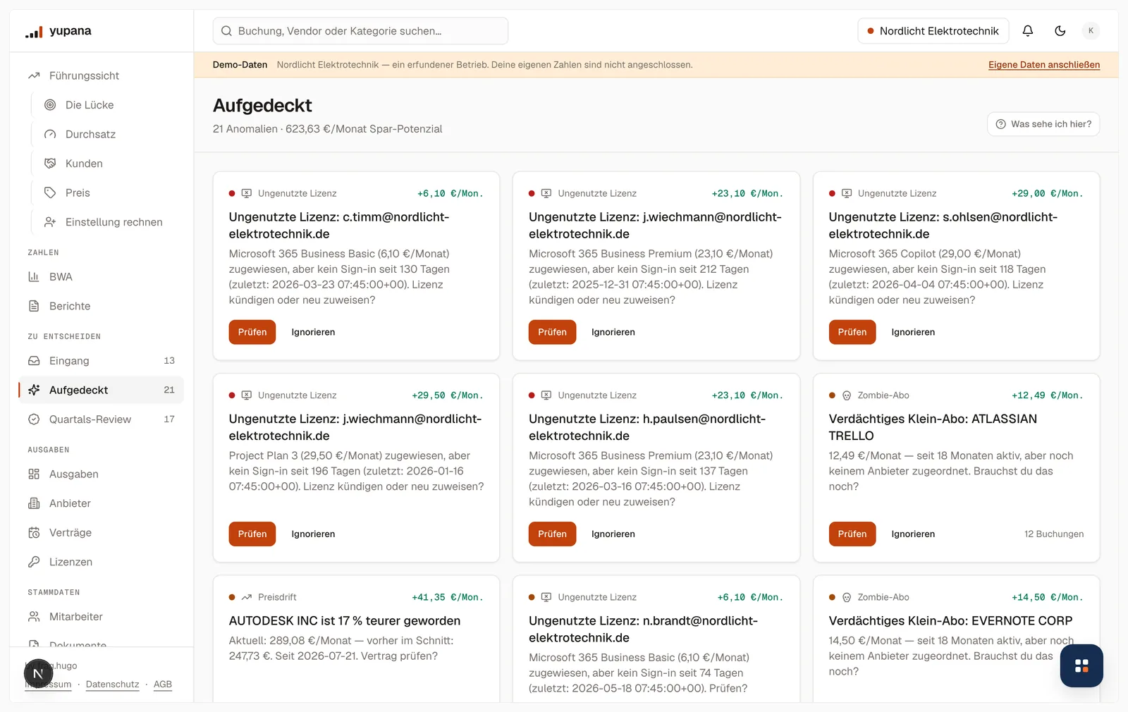 Die Seite Aufgedeckt mit Karten je Fund: ungenutzte Microsoft-365-Lizenzen mit dem Datum der letzten Anmeldung und dem Betrag je Monat, ein Preisanstieg bei Autodesk um 17 Prozent und verdächtige Klein-Abos.