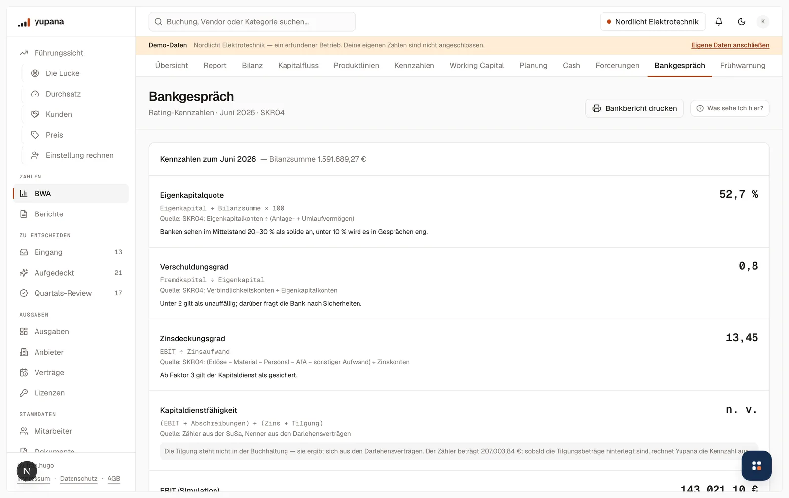 Die Seite Bankgespräch für Juni 2026: Eigenkapitalquote 52,7 Prozent, Verschuldungsgrad 0,8, Zinsdeckungsgrad 13,45, Kapitaldienstfähigkeit nicht verfügbar und ein simuliertes EBIT von 143.021,10 Euro — je Kennzahl mit Formel, Quelle und Erwartungswert.