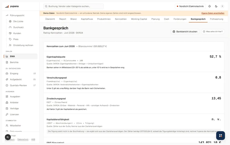 Bankgespräch-Mappe des Demo-Mandanten: Kennzahlen mit Vorjahresvergleich, Liquiditätsverlauf und die Zeile, welche Angaben noch fehlen.
