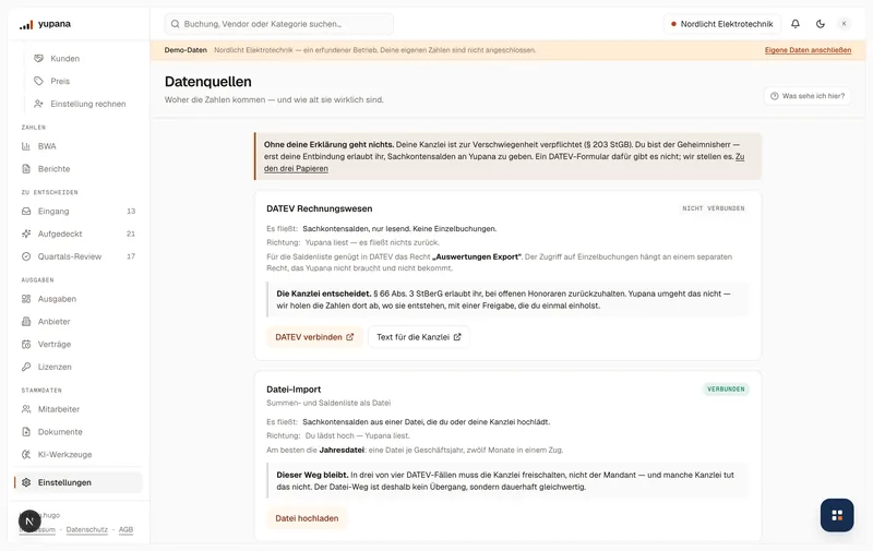 Die Datenquellen-Seite des Demo-Mandanten: je Verbindung eine Zeile mit Zustand, letztem Abruf und der Zahl der übernommenen Datensätze.