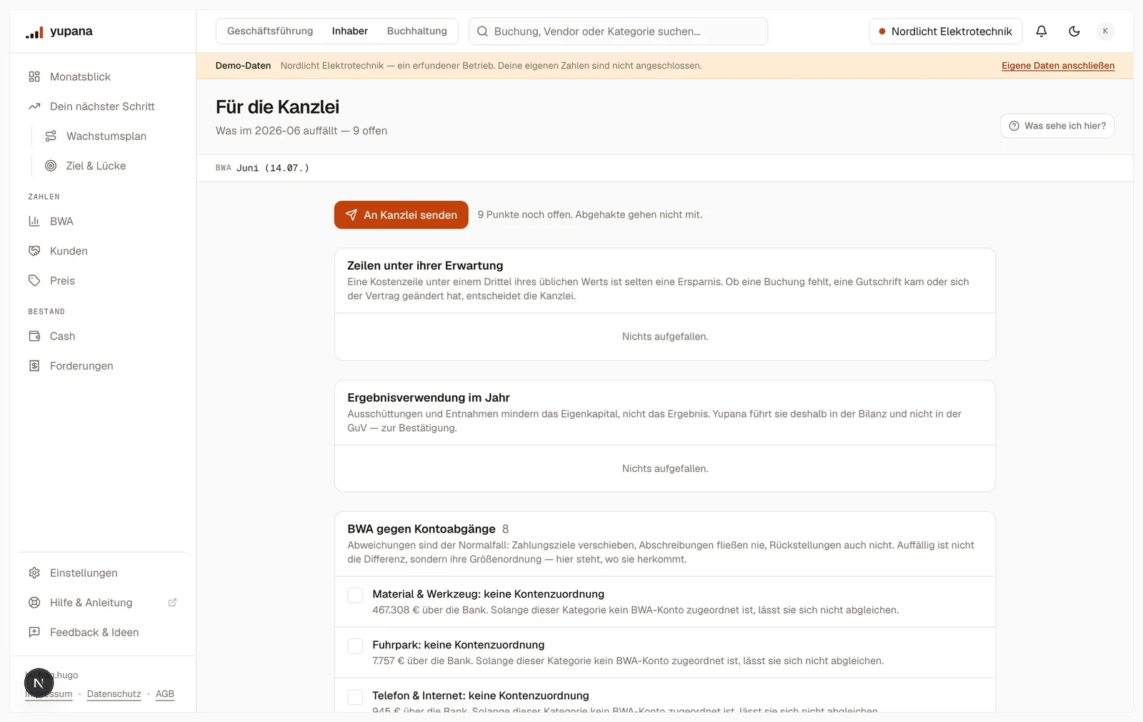Die Kanzlei-Liste: oben der Knopf An Kanzlei senden mit der Zahl der offenen Punkte, darunter die Abschnitte Zeilen unter ihrer Erwartung, Ergebnisverwendung im Jahr, BWA gegen Kontoabgänge und Probe der Bilanz, jede Zeile mit Häkchen, Bezeichnung, Erklärung und Betrag.
