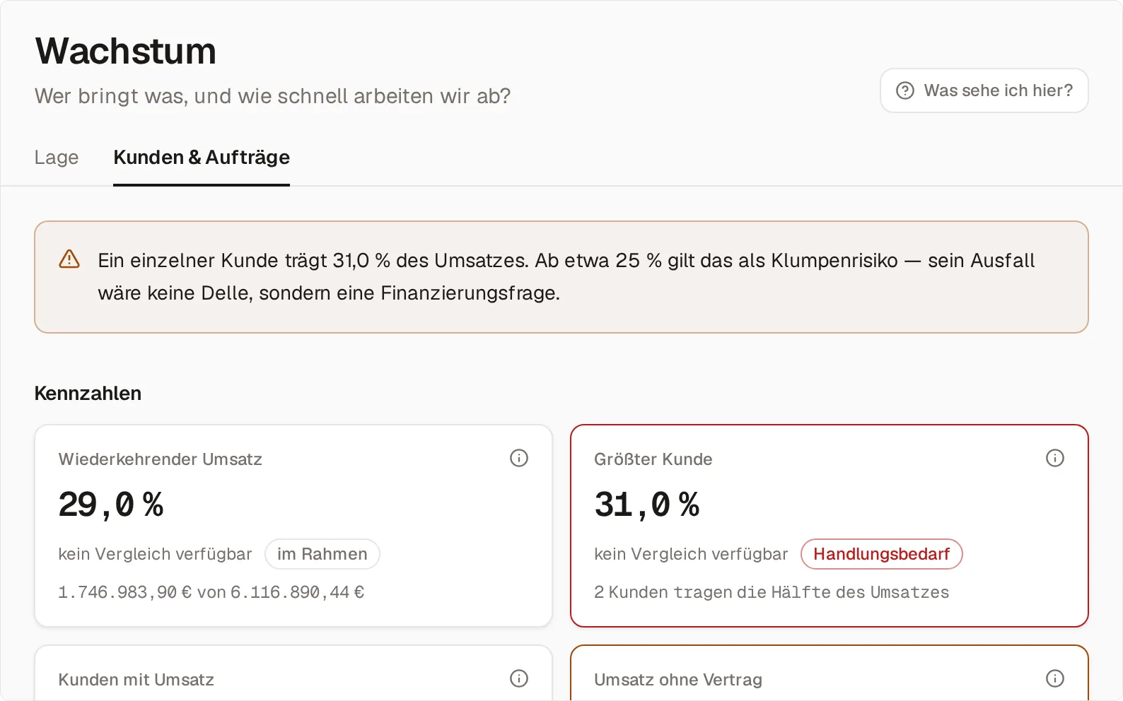 Der Reiter Kunden & Aufträge im Bereich Wachstum: der Hinweis, dass ein einzelner Kunde 31,0 % des Umsatzes trägt, darunter die Kacheln Wiederkehrender Umsatz 29,0 % (1.746.983,90 € von 6.116.890,44 €) und Größter Kunde 31,0 % mit „Handlungsbedarf“ — 2 Kunden tragen die Hälfte des Umsatzes.