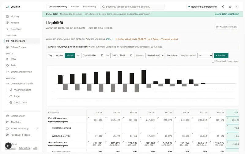 Die Liquiditäts-Arbeitsfläche über zwölf Monate: oben die Balken der monatlichen Zahlungsströme mit der Trennlinie zwischen Vergangenheit und Vorschau, darunter das Raster aus Kategorien und Monaten mit dem Ist-Wert und der Vorschau je Zelle.