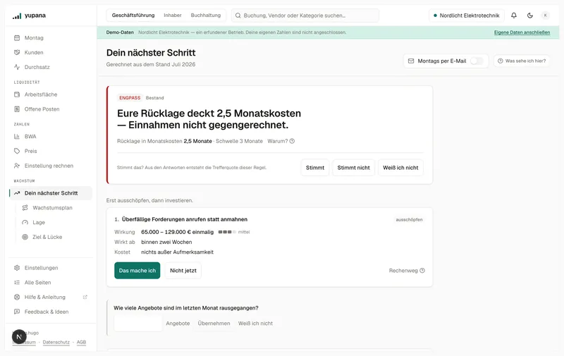 Die Startseite des Wachstumsbereichs: oben die Engpass-Karte mit einem Satz zur Beobachtung, der Kennzahl und der Schwelle, die sie reißt; darunter zwei Möglichkeiten mit Wirkung als Spanne, Zeit bis zur Wirkung und Kosten.