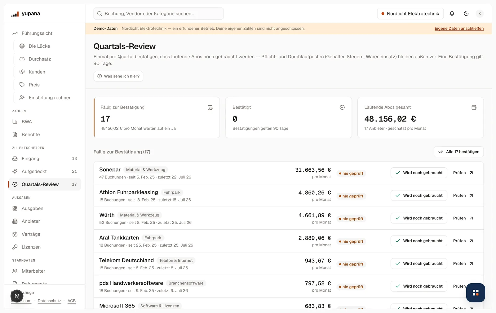 Das Quartals-Review mit 17 fälligen Bestätigungen über 48.156,02 Euro im Monat: je Anbieter die Zahl der Buchungen, der Zeitraum, der Monatsbetrag und der Knopf „Wird noch gebraucht