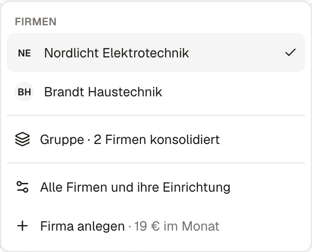 Der geöffnete Firmenwechsler: Nordlicht Elektrotechnik mit Häkchen, darunter Brandt Haustechnik, die Gruppe mit zwei konsolidierten Firmen, „Alle Firmen und ihre Einrichtung“ und „Firma anlegen · 19 € im Monat“.