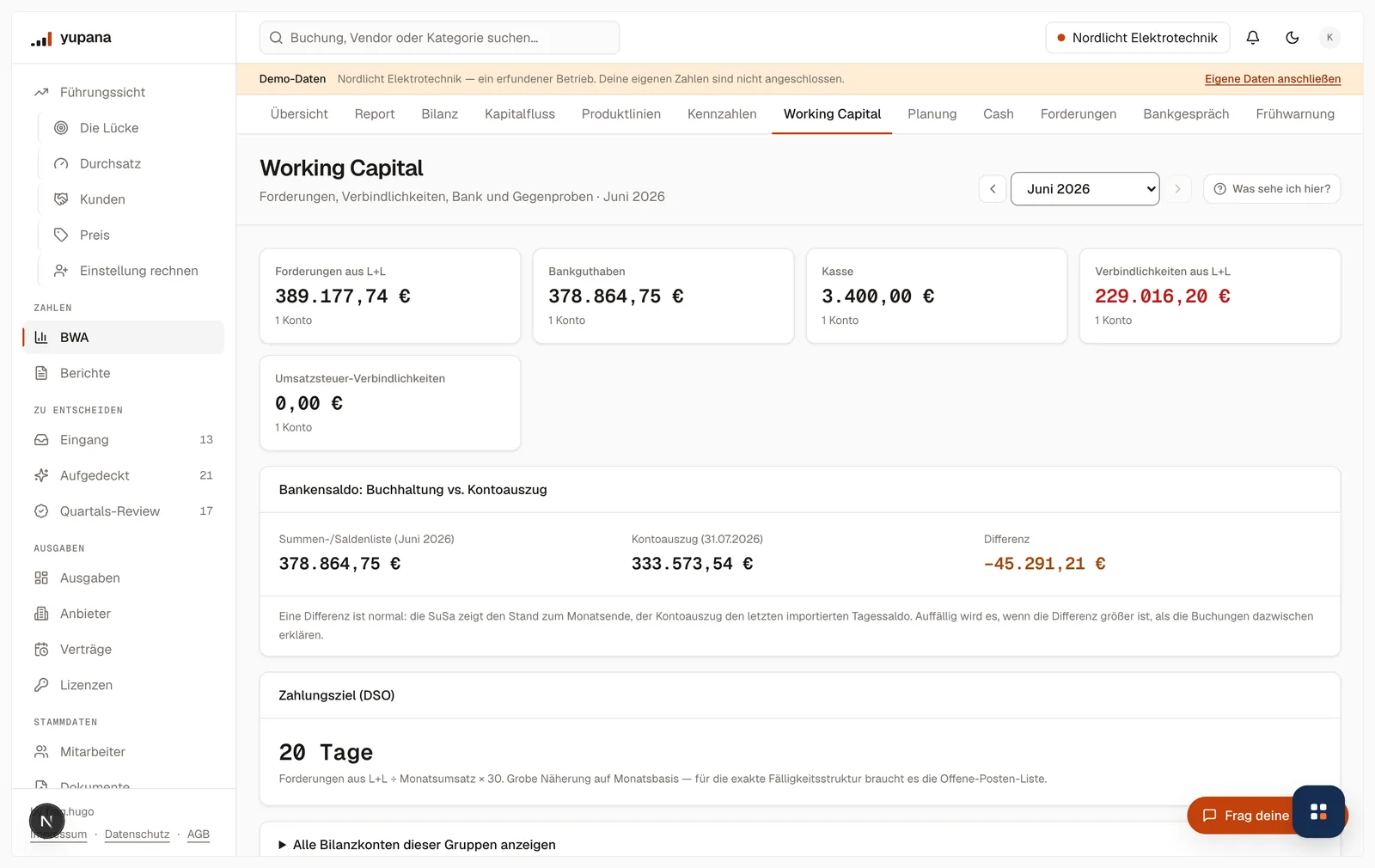 Working Capital für Juni 2026: Forderungen aus Lieferungen und Leistungen 389.177,74 Euro, Bankguthaben 378.864,75 Euro, Kasse 3.400 Euro, Verbindlichkeiten aus Lieferungen und Leistungen 229.016,20 Euro, darunter der Abgleich zwischen Saldenliste und Kontoauszug.