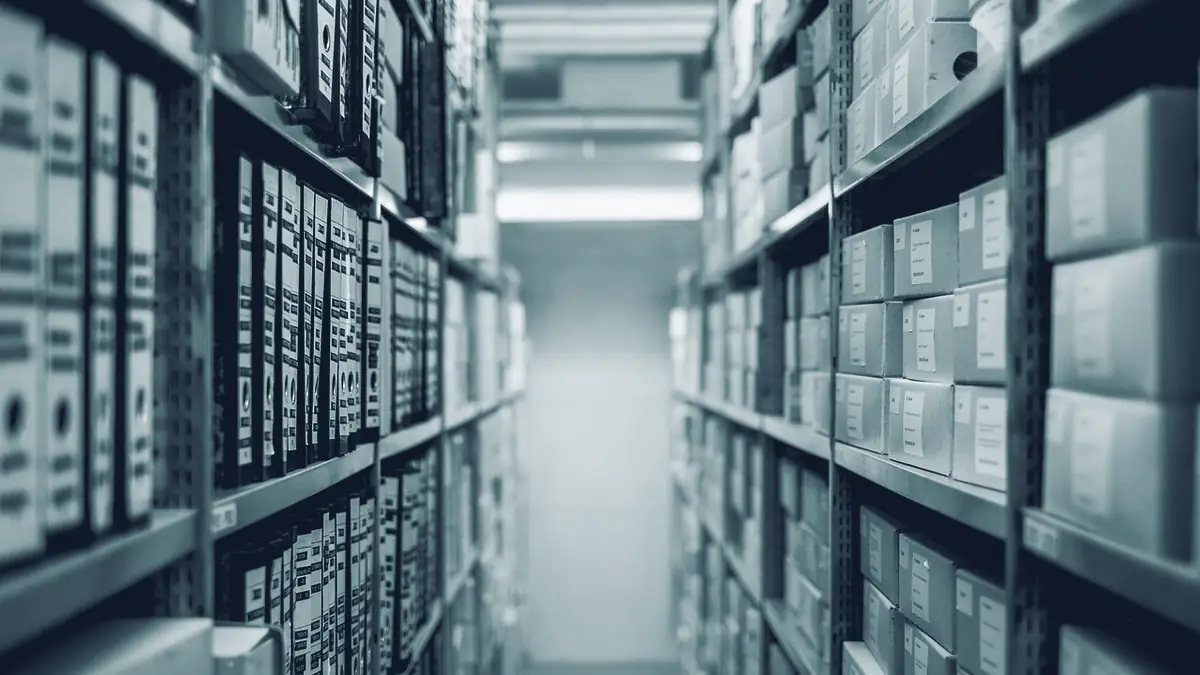 Archivregale mit Ordnern und beschrifteten Kartons, dicht an dicht bis unter die Decke