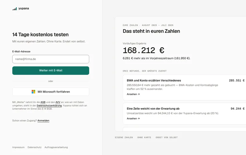 Die Anmeldung bei Yupana: eine E-Mail-Adresse, ein Knopf, danach die eigene Firma.
